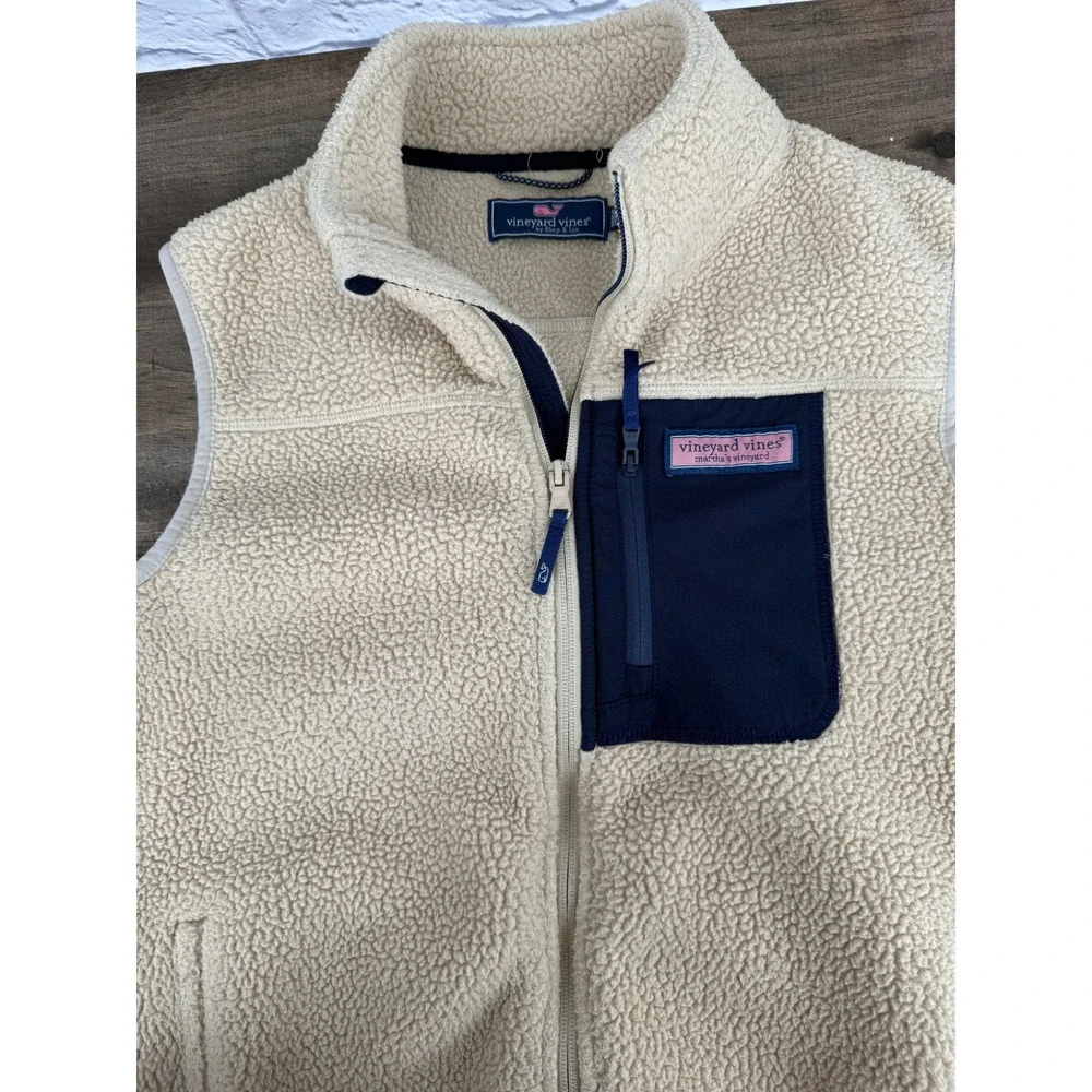 Vineyard Vines Boys Stillwater Sherpa Fleece Vest Tan Navy Preppy Zip Up Sz L 16